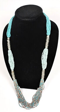 13 Strand Bead Necklace Opera Length Adjustable Turquoise Blue Metal India Boho